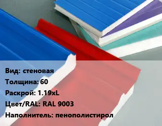 Сэндвич-панель стеновая s=60 1.19хL RAL 9003 Наполнитель:пенополистирол